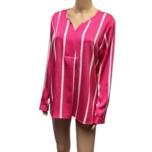 Investments Pink White Striped Satin Long Sleeve Split Neck Blouse Womens Medium